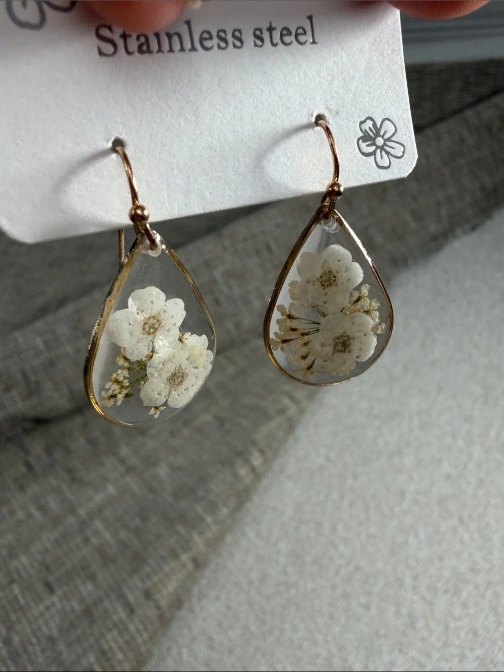 Stainless Steel White Floral Teardrop Earrings